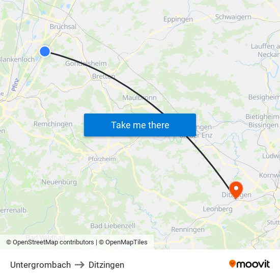 Untergrombach to Ditzingen map