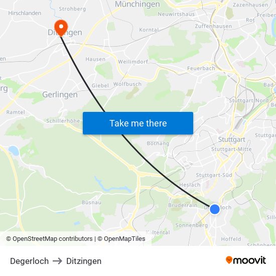 Degerloch to Ditzingen map