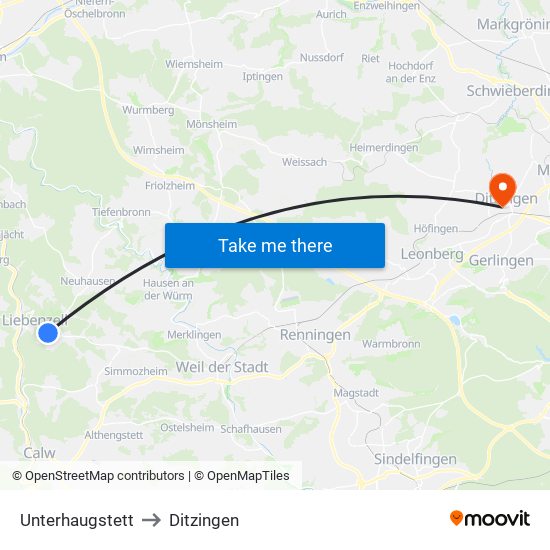 Unterhaugstett to Ditzingen map
