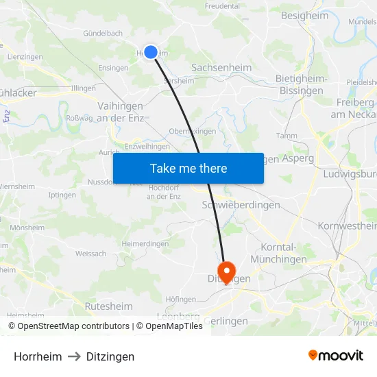 Horrheim to Ditzingen map