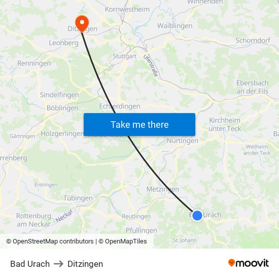 Bad Urach to Ditzingen map