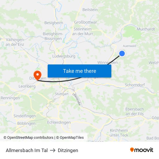 Allmersbach Im Tal to Ditzingen map