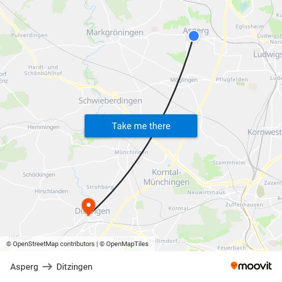 Asperg to Ditzingen map