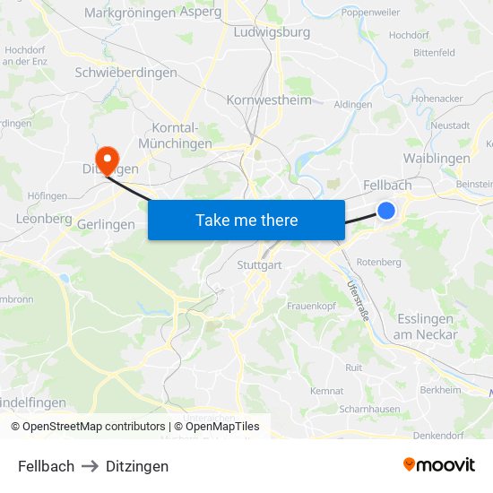 Fellbach to Ditzingen map