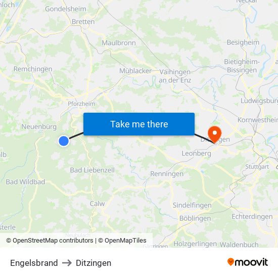 Engelsbrand to Ditzingen map