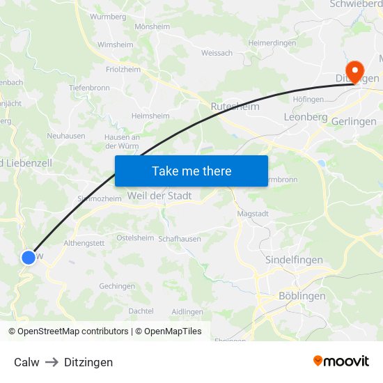Calw to Ditzingen map