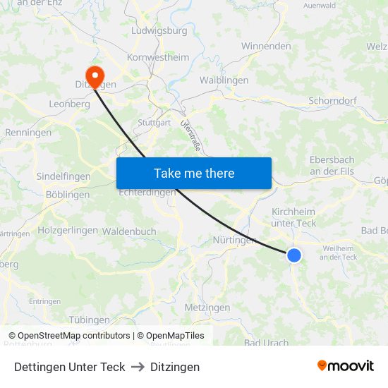 Dettingen Unter Teck to Ditzingen map