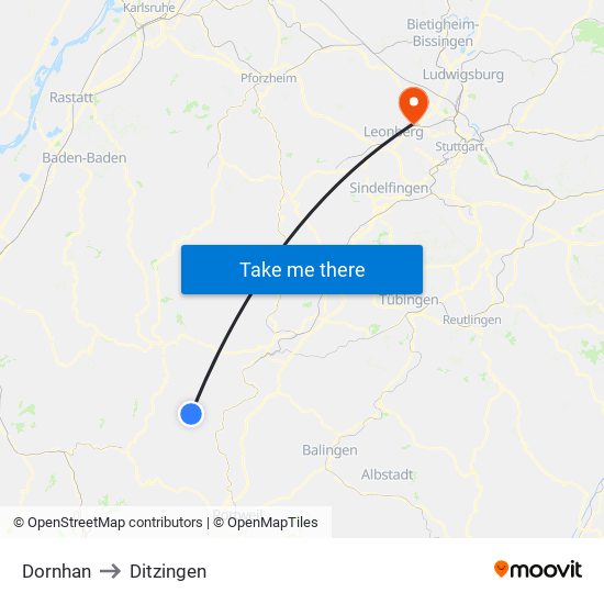 Dornhan to Ditzingen map