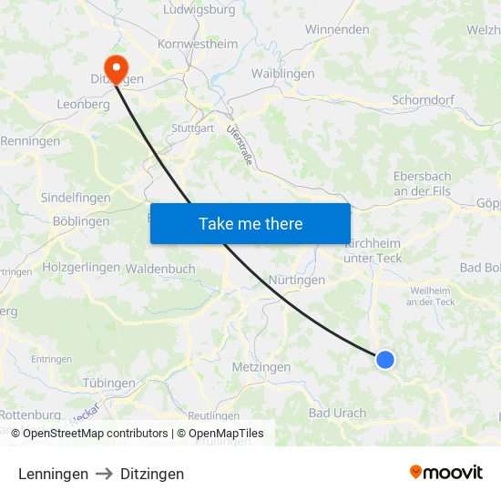 Lenningen to Ditzingen map