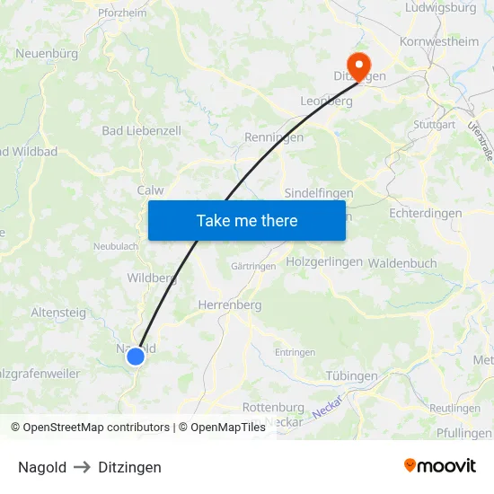 Nagold to Ditzingen map