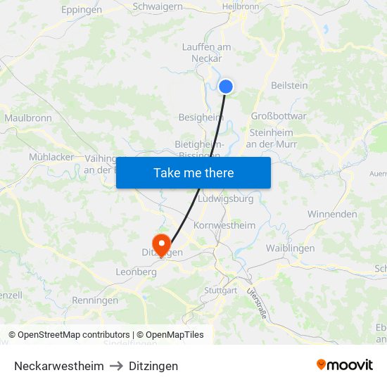 Neckarwestheim to Ditzingen map