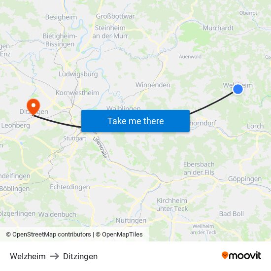 Welzheim to Ditzingen map