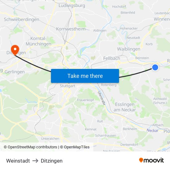 Weinstadt to Ditzingen map