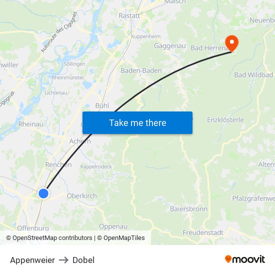 Appenweier to Dobel map