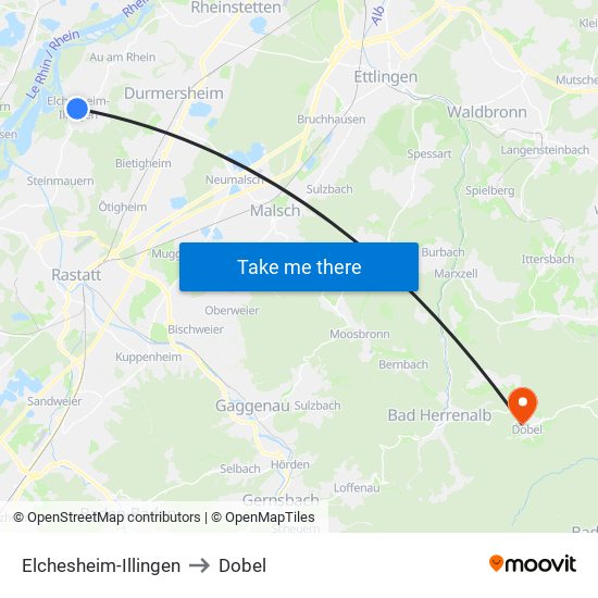 Elchesheim-Illingen to Dobel map