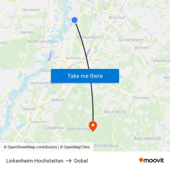 Linkenheim-Hochstetten to Dobel map