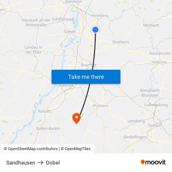 Sandhausen to Dobel map