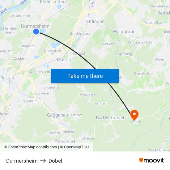 Durmersheim to Dobel map