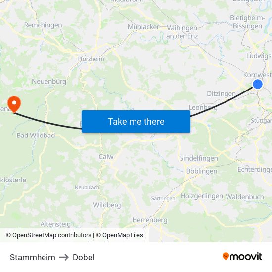 Stammheim to Dobel map