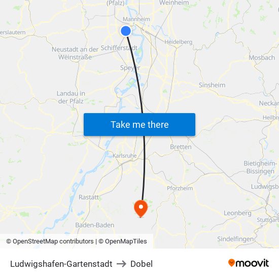 Ludwigshafen-Gartenstadt to Dobel map