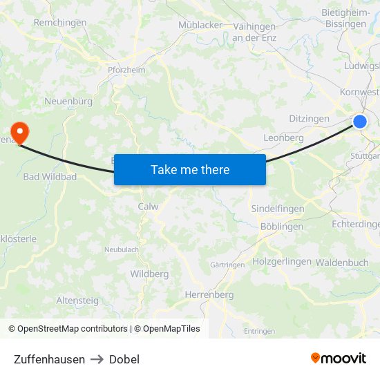 Zuffenhausen to Dobel map