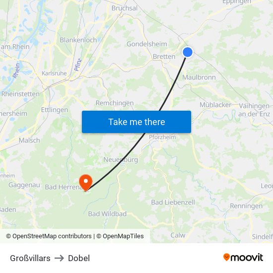 Großvillars to Dobel map
