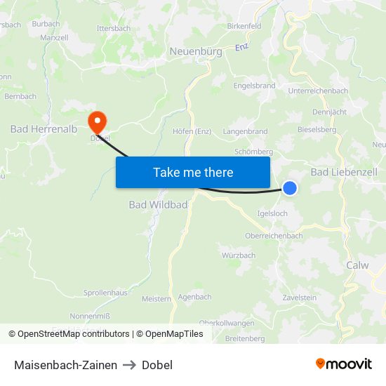 Maisenbach-Zainen to Dobel map