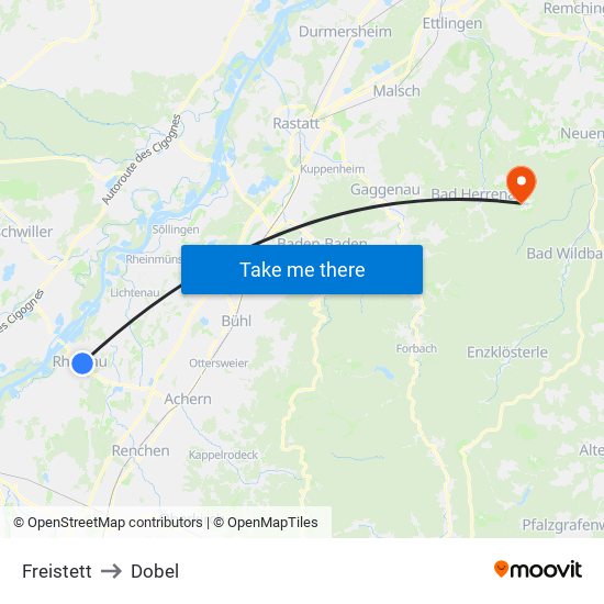 Freistett to Dobel map