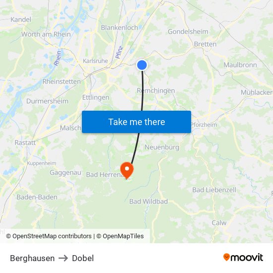 Berghausen to Dobel map