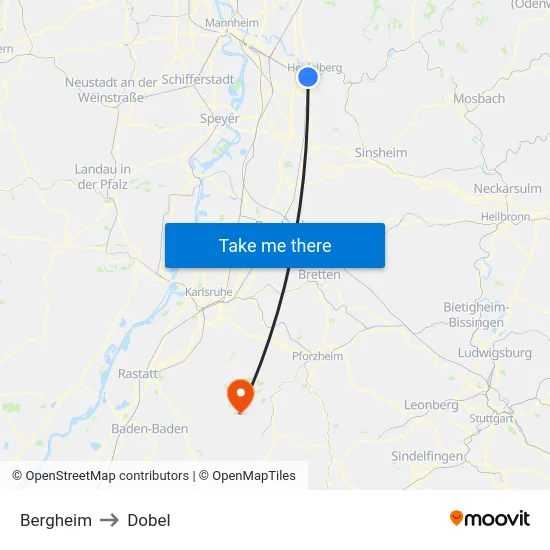 Bergheim to Dobel map