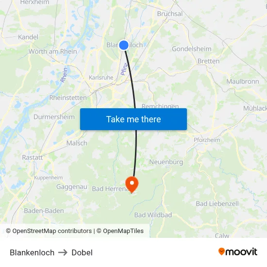 Blankenloch to Dobel map