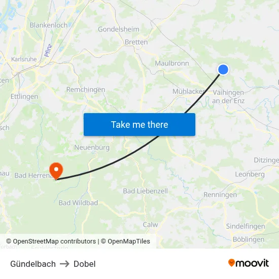 Gündelbach to Dobel map