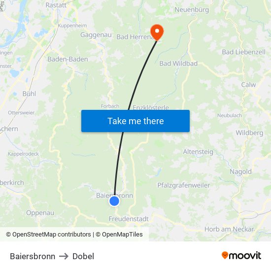 Baiersbronn to Dobel map