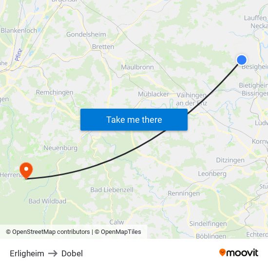 Erligheim to Dobel map