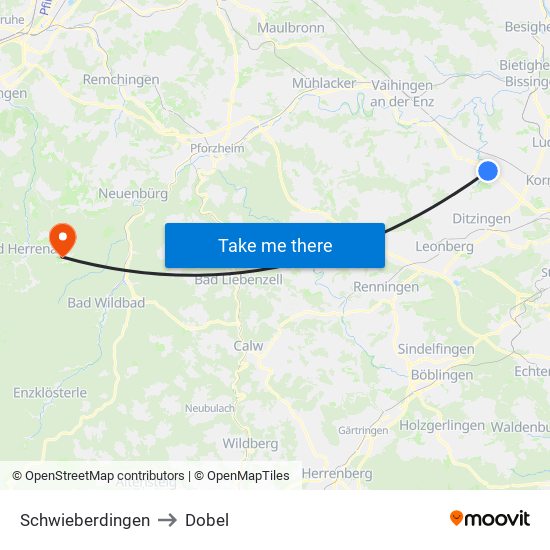 Schwieberdingen to Dobel map