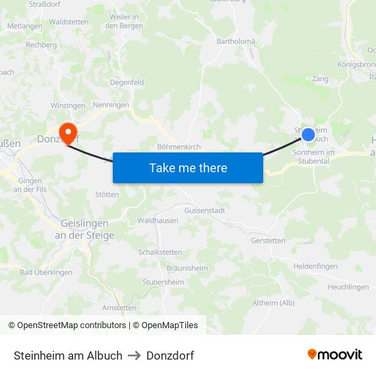 Steinheim am Albuch to Donzdorf map