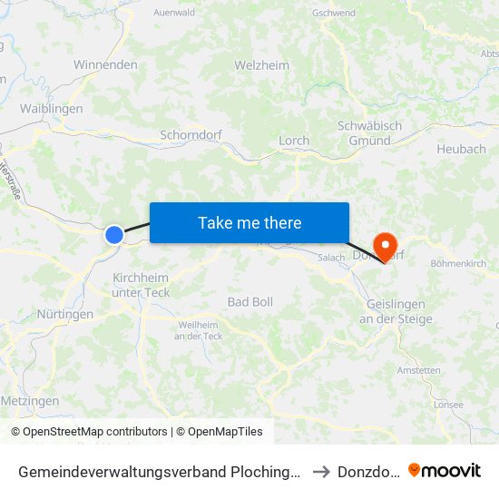 Gemeindeverwaltungsverband Plochingen to Donzdorf map