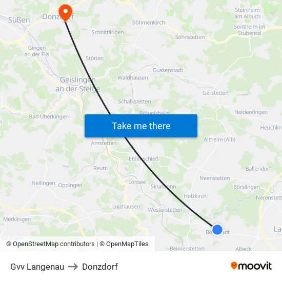 Gvv Langenau to Donzdorf map