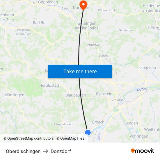 Oberdischingen to Donzdorf map