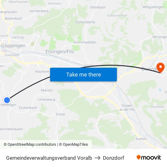 Gemeindeverwaltungsverband Voralb to Donzdorf map