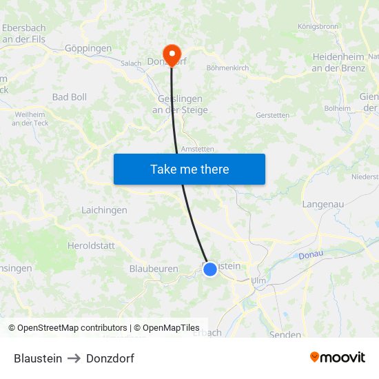 Blaustein to Donzdorf map