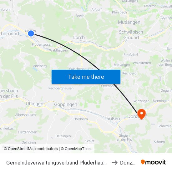 Gemeindeverwaltungsverband Plüderhausen-Urbach to Donzdorf map