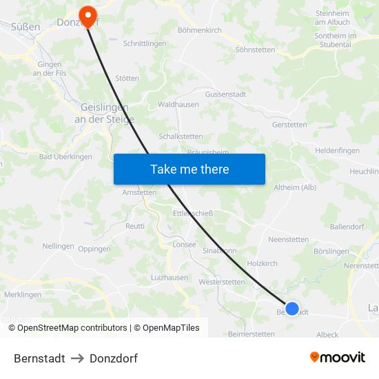 Bernstadt to Donzdorf map
