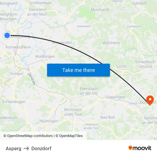 Asperg to Donzdorf map