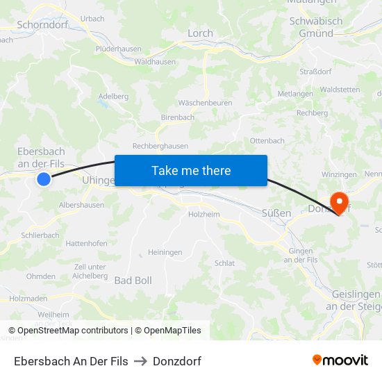Ebersbach An Der Fils to Donzdorf map
