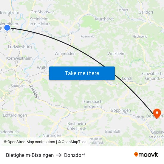 Bietigheim-Bissingen to Donzdorf map