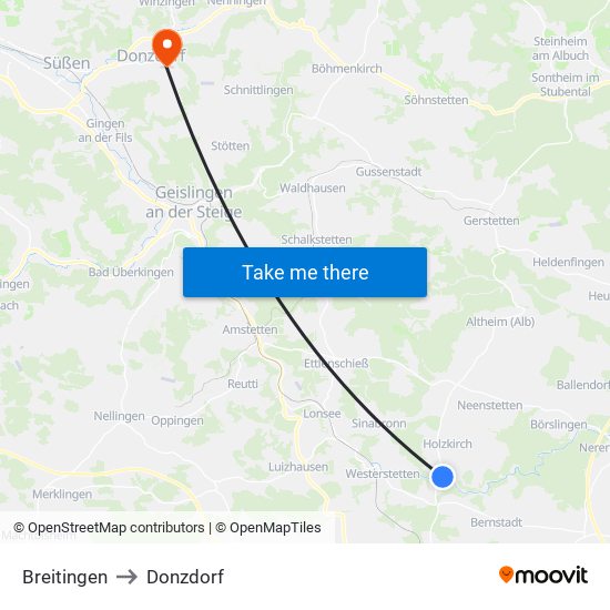 Breitingen to Donzdorf map