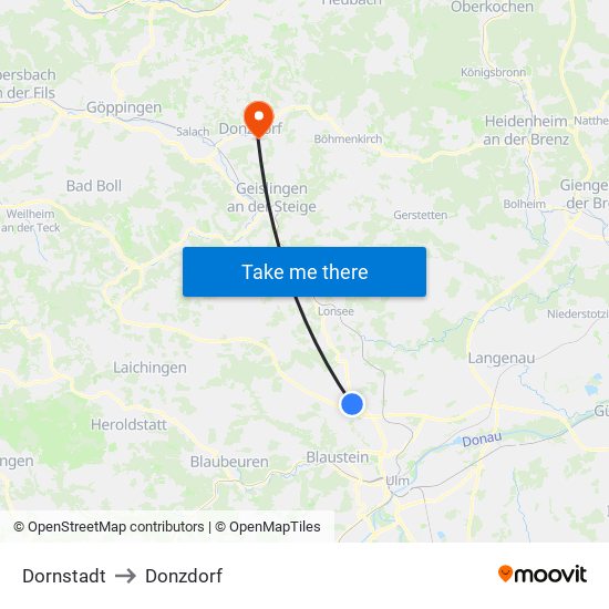 Dornstadt to Donzdorf map