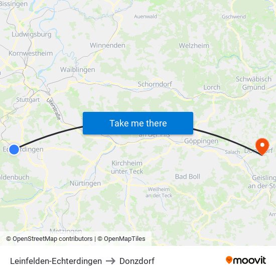 Leinfelden-Echterdingen to Donzdorf map