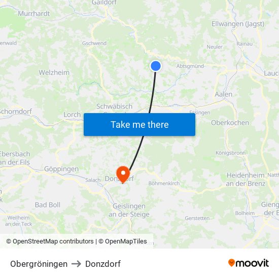 Obergröningen to Donzdorf map